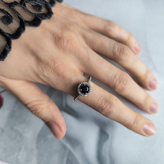 Silver ring with sapphire and cubic zirconia
