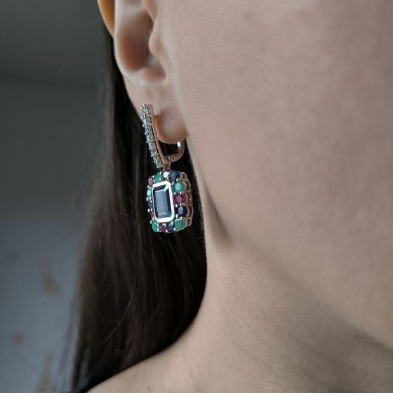 Серебряные серьги с сапфиром 4.05ct, изумрудом, рубином