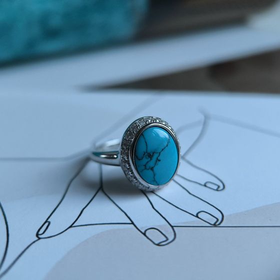 Silver ring with turquoise, fianites