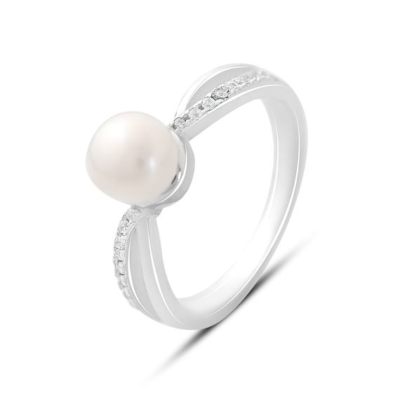 Срібна каблучка з перлами, фіанітами