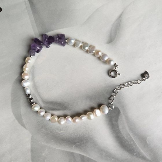 Срібний браслет з аметистом, перлами бароковими