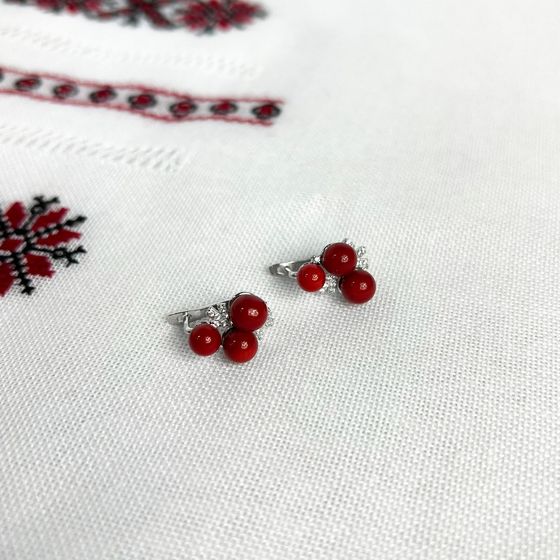 Срібні сережки з коралом, фіанітами