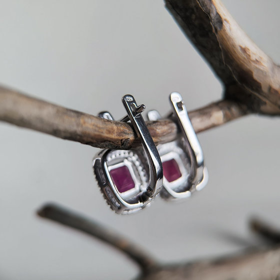 Silver earrings with ruby 6.342ct, cubic zirconia