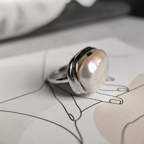 Silver ring with baroque pearls