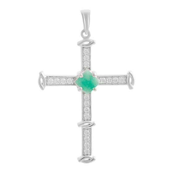Silver cross with emerald and cubic zirconia