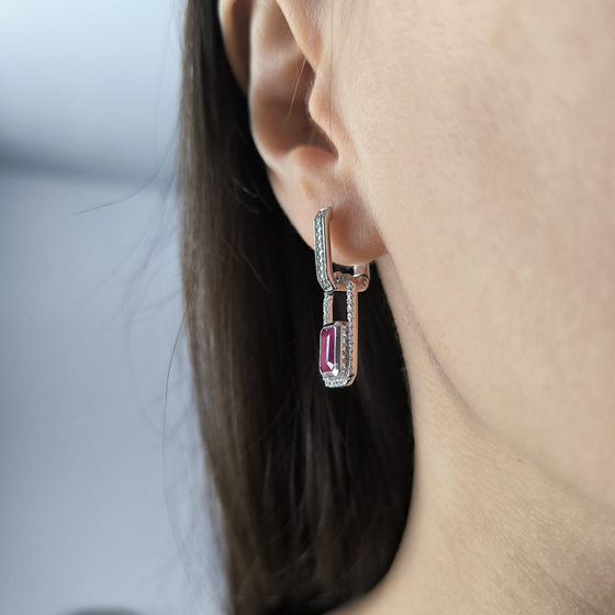 Silver earrings with ruby 3.626ct, cubic zirconia