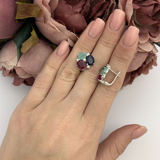 Срібні сережки з сапфіром, смарагдом, рубіном