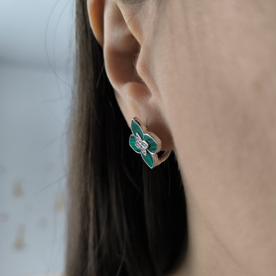 Срібні сережки з малахітом, фіанітами