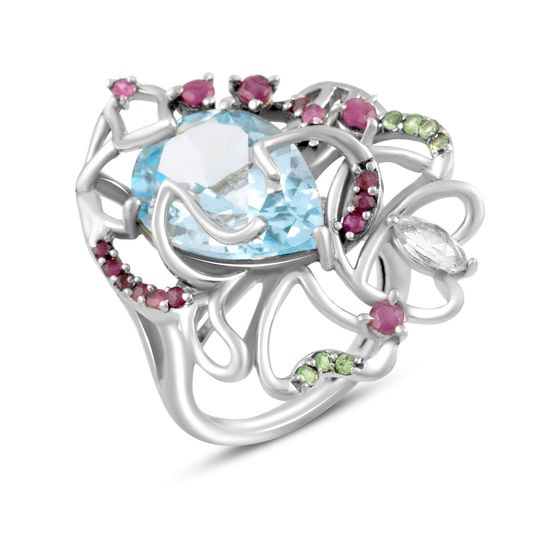 Серебряное кольцо с топазом, рубином, хризолітом