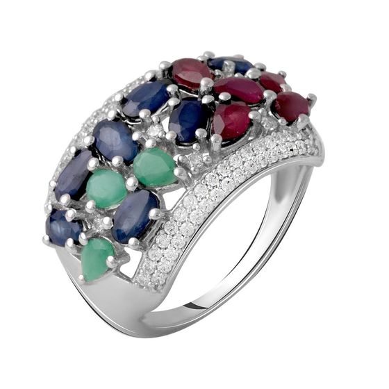 Серебряное кольцо с сапфиром 4.838ct, изумрудом, рубином