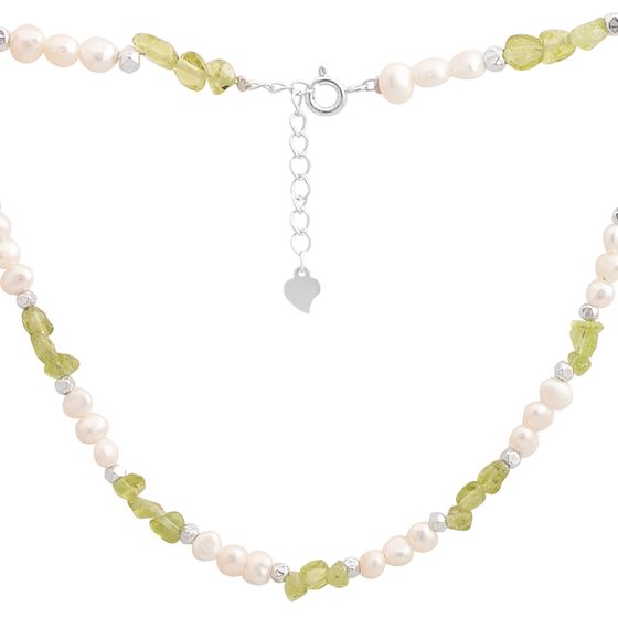 Срібне кольє з перлами бароковими, хризолітом
