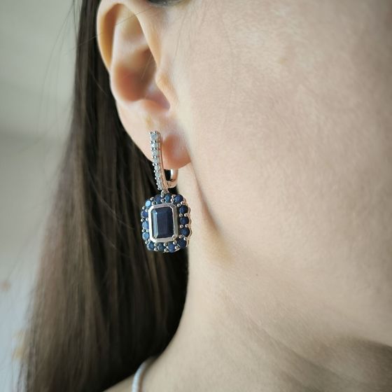 Sterling silver earrings with 10.745ct sapphire, pave diamonds