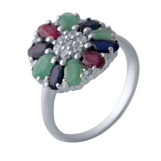 Серебряное кольцо с сапфиром 3.37ct, изумрудом, рубином