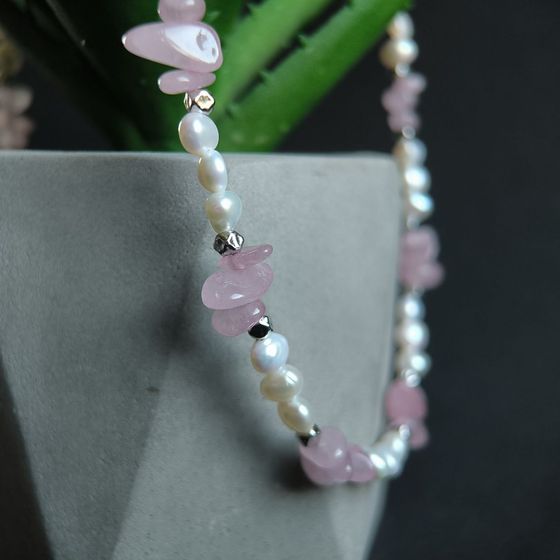 Срібне кольє з перлами бароковими, кварцом