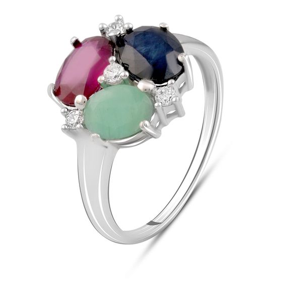 Срібна каблучка з сапфіром, смарагдом та рубіном