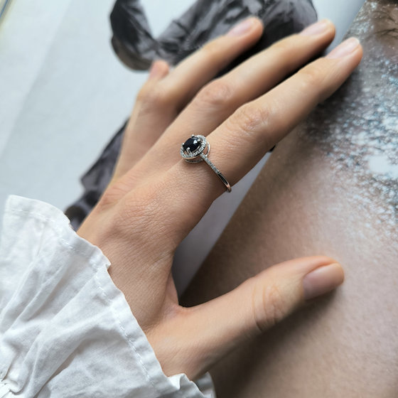 Silver ring with sapphire and cubic zirconia