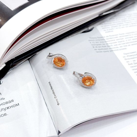 Silver earrings with gold quartz, fianites