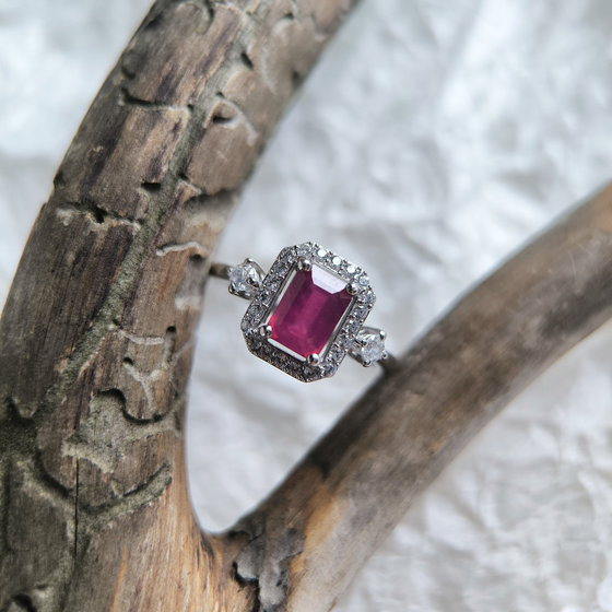 Silver ring with ruby and cubic zirconia