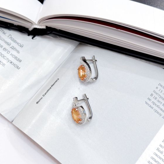 Silver earrings with gold quartz, fianites