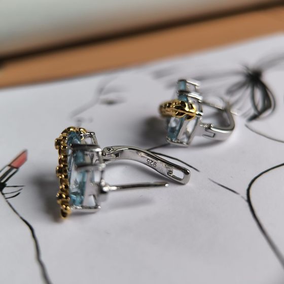 Silver earrings with topaz, fianites