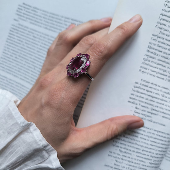 Silver ring with ruby and cubic zirconia