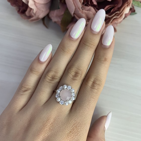 Серебряное кольцо с розовым кварцем, жемчугом