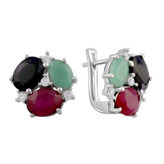 Silver earrings with sapphire, emerald, and ruby