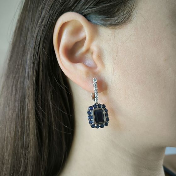 Sterling silver earrings with 10.745ct sapphire, pave diamonds