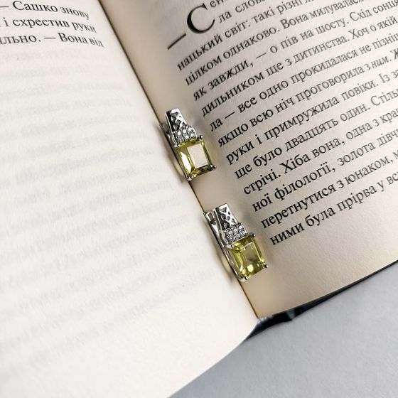 Срібні сережки із зеленим кварцом, фіанітами