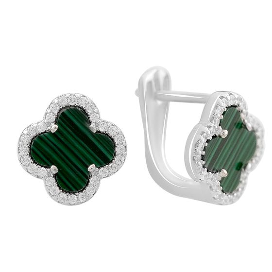 Silver earrings with malachite, fianites