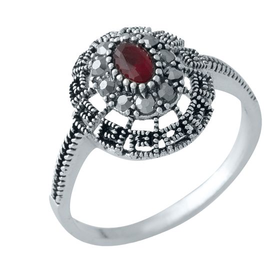 Серебряное кольцо с марказитами, рубином nano