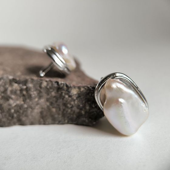 Срібні сережки з перлами бароковими, фіанітами