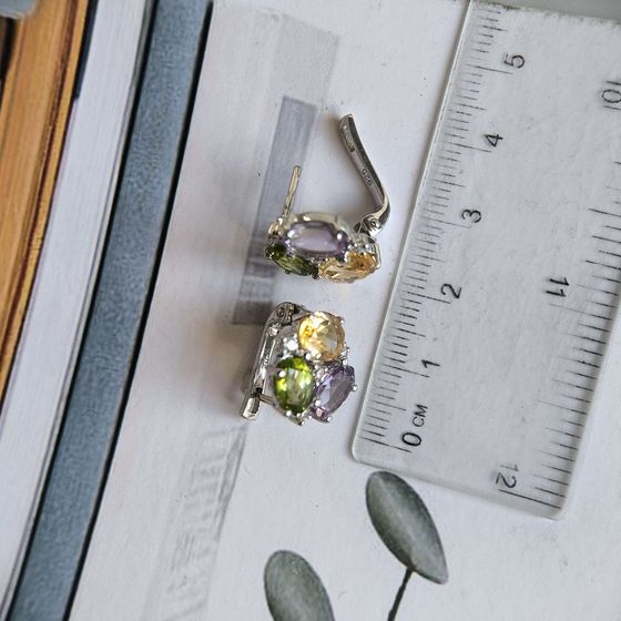 Серебряные серьги с аметистом, цитрином, хризолітом