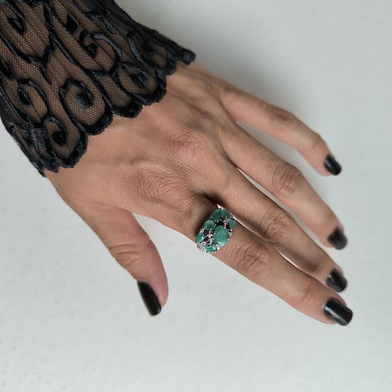 Silver ring with emerald, fianites