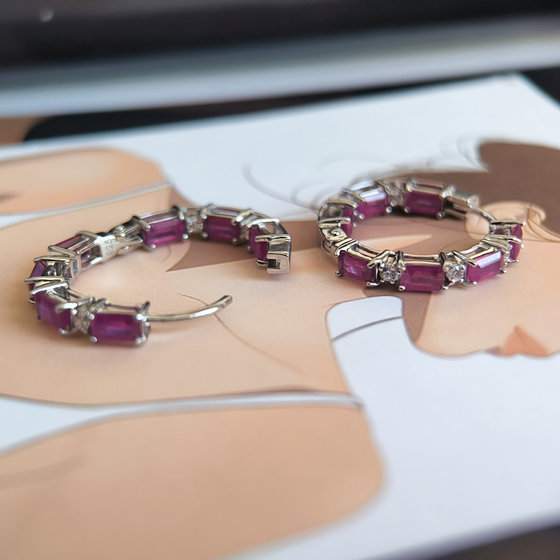 Silver earrings with ruby 6.145ct, cubic zirconia