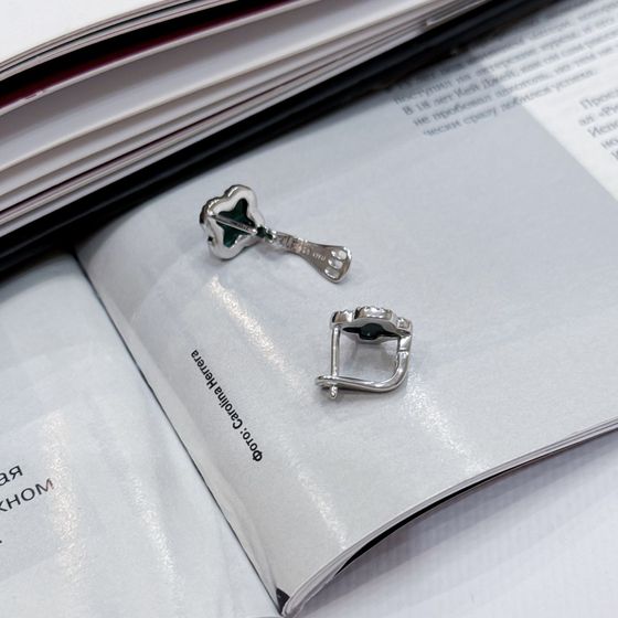 Silver earrings with malachite, fianites