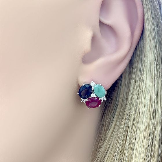 Silver earrings with sapphire, emerald, and ruby