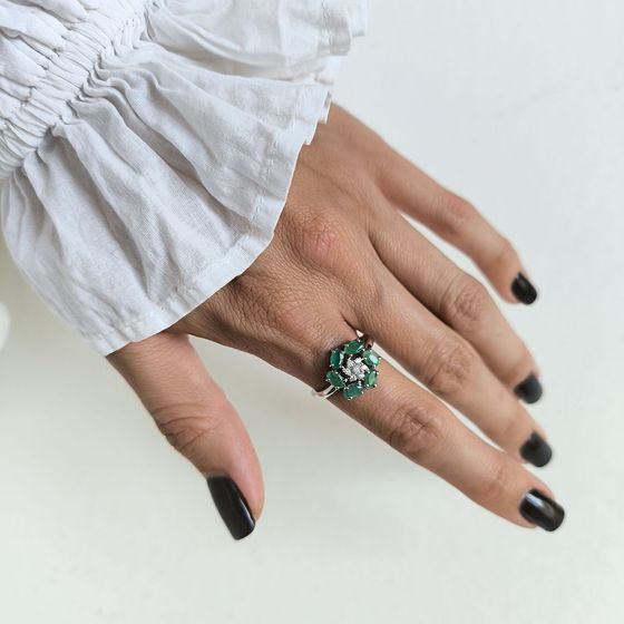 Silver ring with emerald, fianites