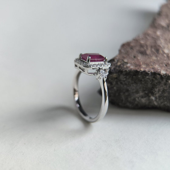 Silver ring with ruby and cubic zirconia