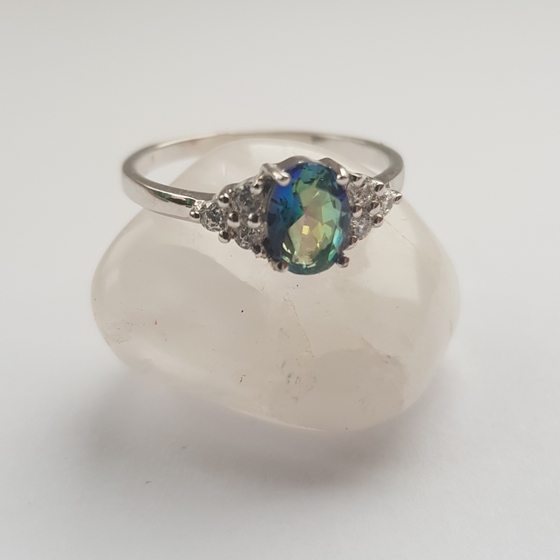 Silver ring with a mystic topaz and cubic zirconia