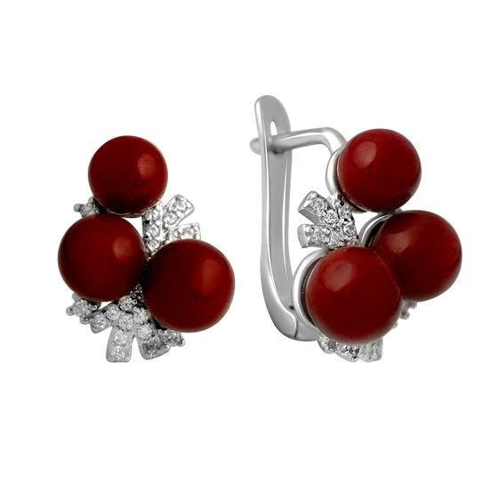 Срібні сережки з коралом, фіанітами