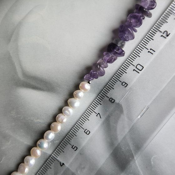 Срібне кольє з перлами бароковими, аметистом