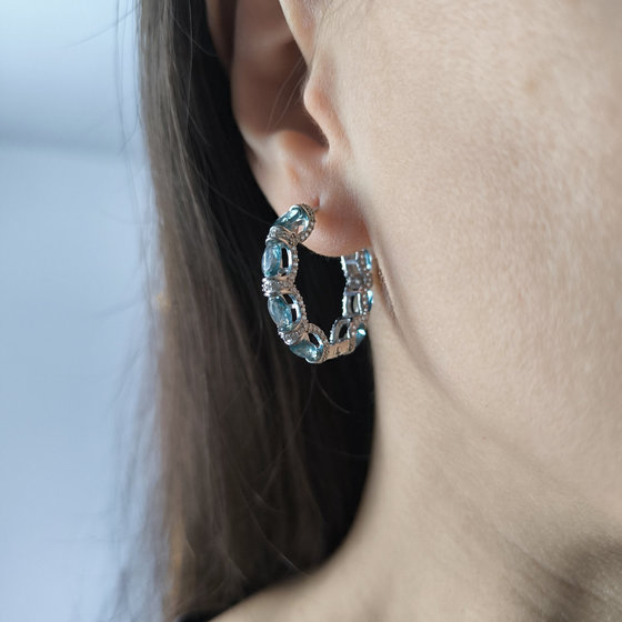 Серебряные серьги с топазом Лондон Блю 8.12ct, фианитами