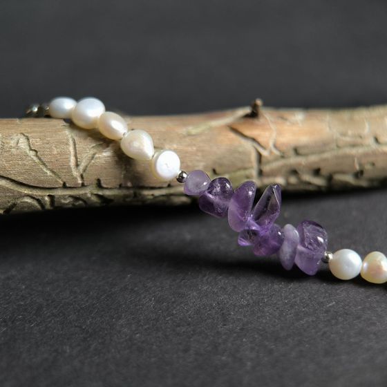 Срібний браслет з аметистом, перлами бароковими