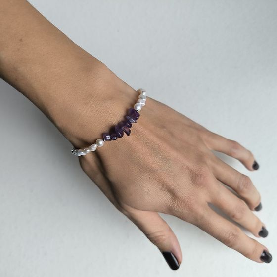 Срібний браслет з аметистом, перлами бароковими