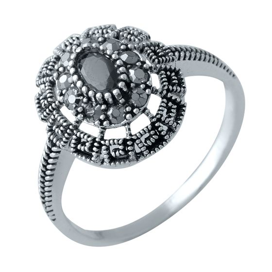 Серебряное кольцо с марказитами, сапфиром nano