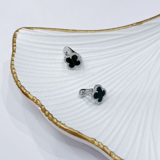 Silver earrings with malachite, fianites
