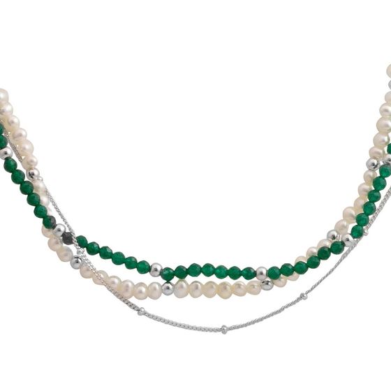 Срібне кольє з перлами бароковими, зеленим жадеїдом