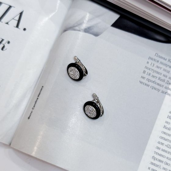 Серебряные серьги с ониксом, фианитами