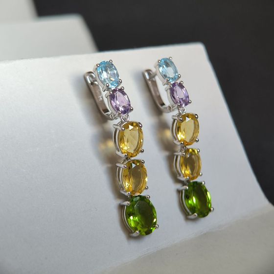 Срібні сережки з аметистом, хризолітом, топазом, цитрином